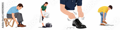 Collection of illustrations showing men and women wearing or tying different types of formal and casual shoes, representing daily preparation and routines.