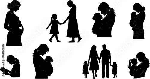 Mother's day silhouette illustrations of mothers with children pregnancy and family love