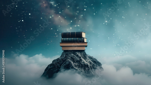 A stack of books is on top of a mountain