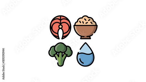 Healthy Food Elements, featuring salmon steak, cooked rice, broccoli, and water.