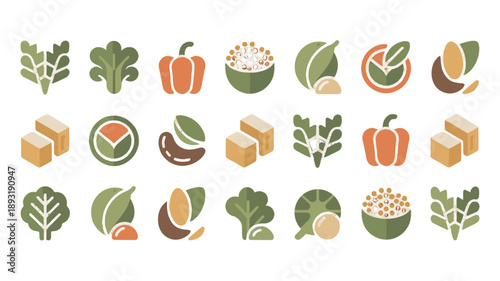 A collection of various vegetables and nuts in icon forms.
