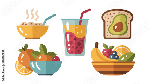 Colorful arrangement of breakfast items.