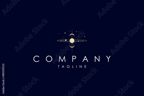 Vector golden logo on which an abstract image of the solar system with planets and the image of an inverted moon from below.
