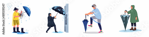 Characters in raincoats and boots struggling with rainy weather, broken umbrellas, and shaking off water, flat vector illustration set.