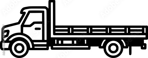 Black and white illustration of a flatbed truck on a white backg

