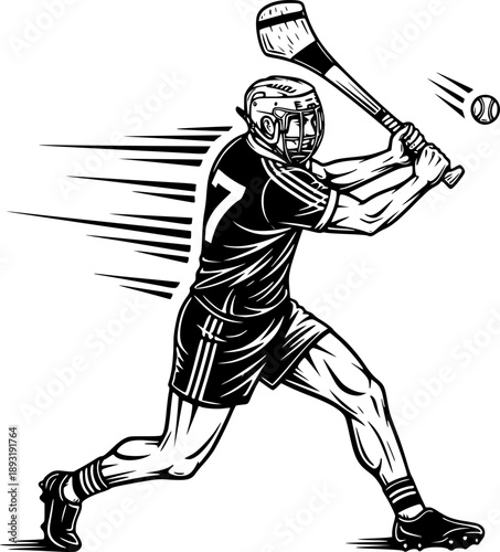 Dynamic Hurling Player Illustration: Black and White Action Wood

