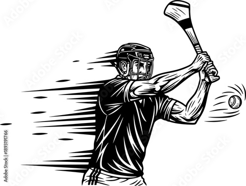 Dynamic Hurling Player Illustration: Black and White Action Wood
