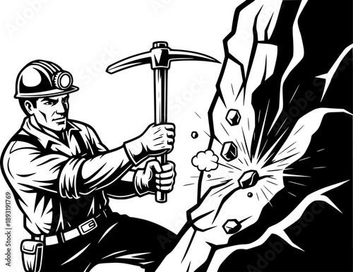 Vintage style illustration depicting a miner extracting ore from
