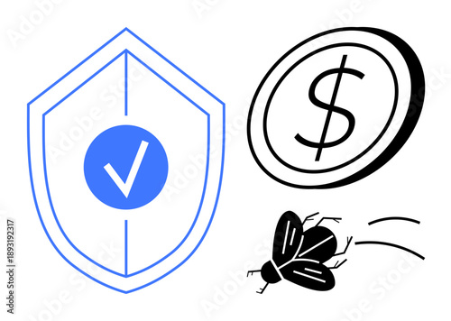 Cybersecurity, financial protection, digital safety, online threats, technology vulnerabilities, software development. A blue shield with a checkmark, a dollar coin and a bug. Cybersecurity