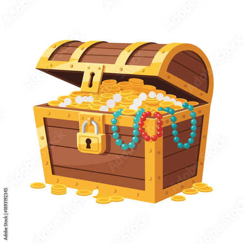 Cartoon Treasure Chest Filled with Gold Coins and Jewelry Riches