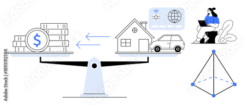 Financial balance concept. Financial management balancing investments, property, and digital transactions. Financial planning visual with assets and liabilities. For banking, equity, wealth