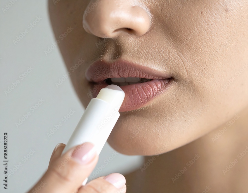 Naklejka premium Close-up of Adding Immediate Moisture by Applying Lip Balm to Dry Lips