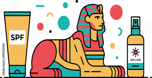 Egyptian Sphinx and Sunscreen Skincare Illustration Concept