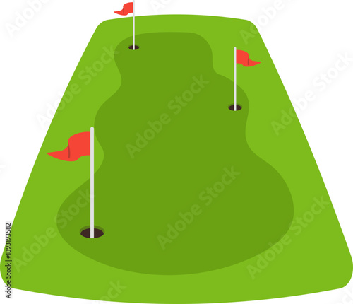 Green golf putting green with three holes and red flags