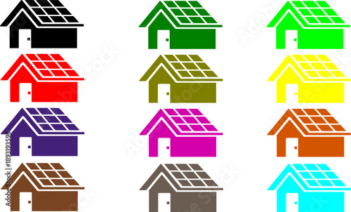 Grid of colorful solar house icons featuring various bright shades like green red yellow purple and orange for modern sustainable architecture housing projects