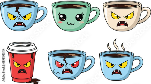 Cute and angry coffee cups cartoon set, funny caffeine characters, hot drink emotions, kawaii mug faces, vector illustration