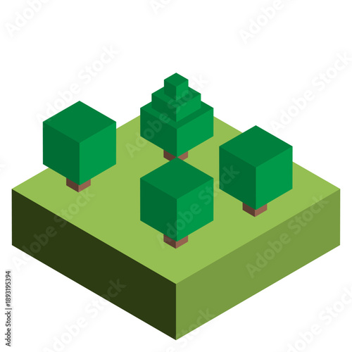 アイソメトリックで描かれたブロック風の木のイラスト