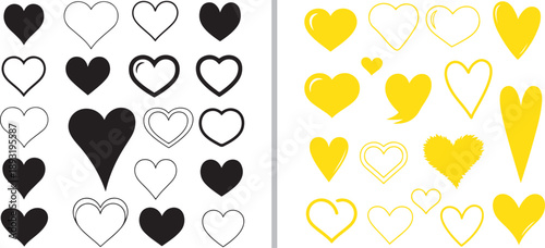 A diverse collection of hand-drawn heart vectors featuring solid black silhouettes and cheerful yellow line art. Styles range from minimalist outlines and glossy shapes to elongated and playful doodle