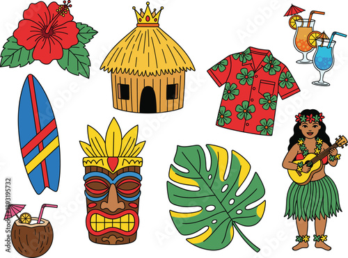 Hawaiian tropical icons set with hula dancer, tiki mask, surfboard, hibiscus flower, palm leaf, hut, cocktails, aloha summer theme