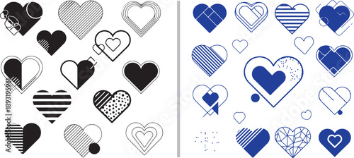 A modern collection of heart icons in black, grey, and blue. Features diverse geometric styles, striped patterns, and abstract line art, perfect for contemporary romantic and graphic designs.