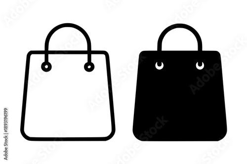 Simple shopping bag icon, black and white in outline and silhouette style