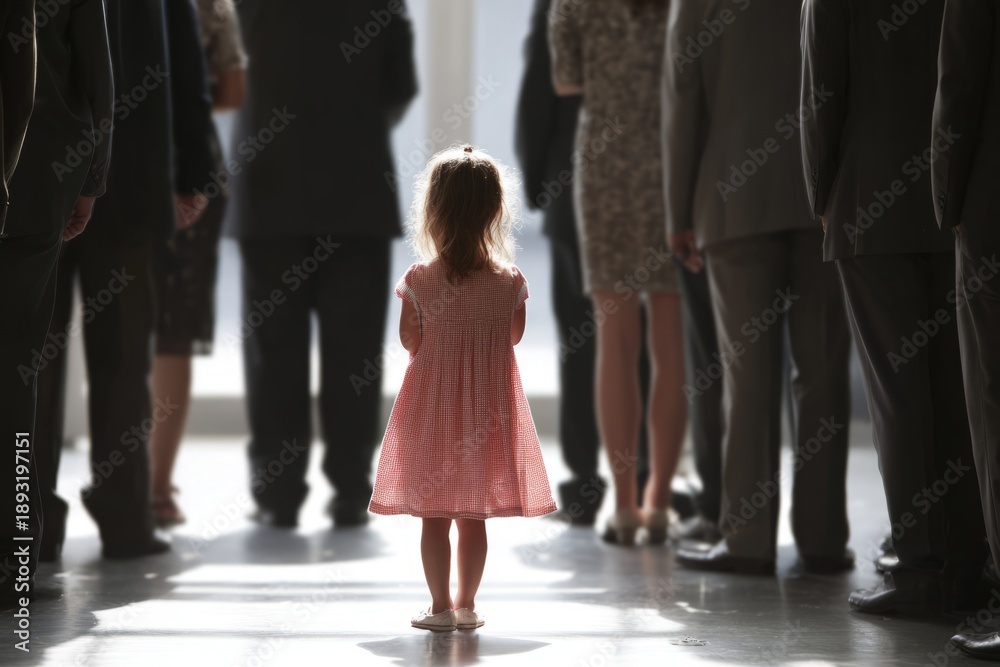 Obraz premium Child Standing Alone Among Adults in Long Public Line at an Event