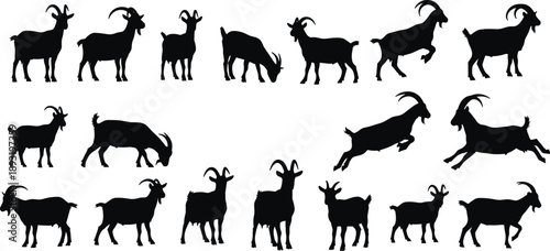 Goat silhouettes collection, various goat poses illustration, farm animal artwork, standing grazing and jumping goats, livestock design elements for projects
