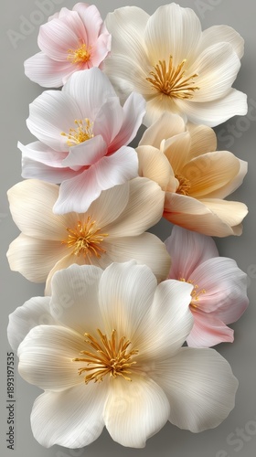 White and pink flowers three delicate white and pink flowers displayed against a neutral gray backdrop