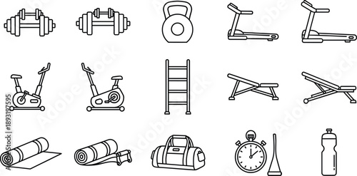Gym equipment icon set with fitness machines, workout weights, exercise bike, treadmill, bench, stopwatch and sports essentials line style