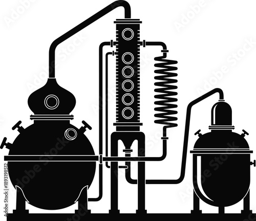 Industrial distillation equipment silhouette with condenser, boiler, and column system for chemical processing, steam distillery, laboratory refinery illustration
