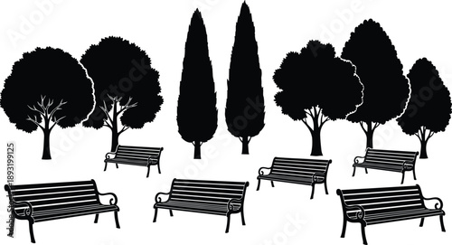 Park landscape illustration with various tree silhouettes and outdoor benches arranged in natural environment, nature scene vector design on white background