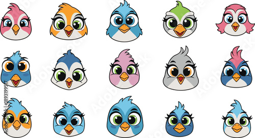 Cute cartoon bird face icon set with colorful smiling avian characters, playful flat vector illustration collection