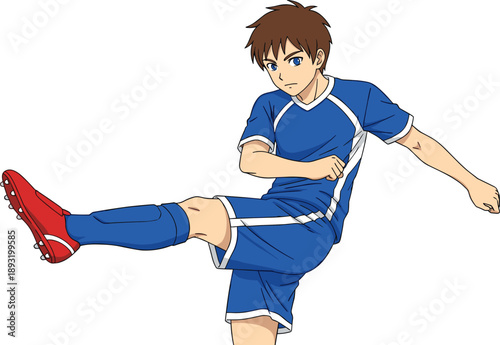 Dynamic cartoon soccer player kicking football in blue uniform, athletic sports illustration isolated on white background for training, competition, youth football concepts
