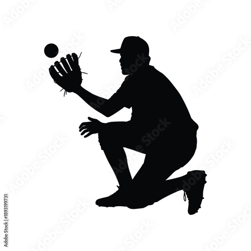 Baseball catcher silhouette catching ball black white vector illustration isolated on white background.