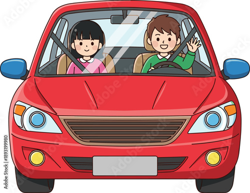Happy children riding in red car wearing seat belts, smiling kids traveling safely together, family transportation concept, cute cartoon illustration isolated on white background