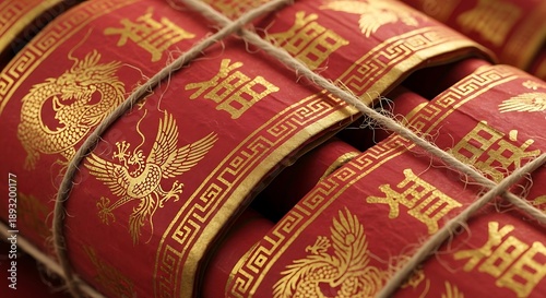Bright Red Chinese New Year Firecracker Ribbons with Gold Dragon