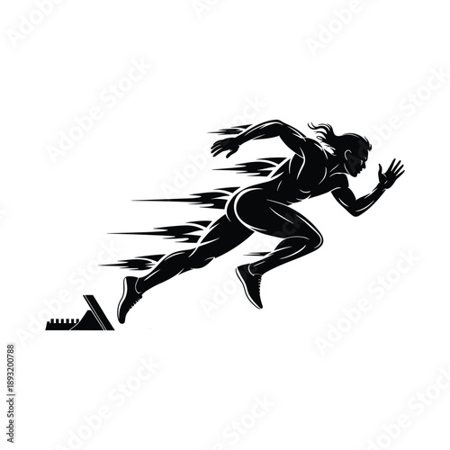 Black and white of a woman sprinting from a hurdle runner sprinter track and field