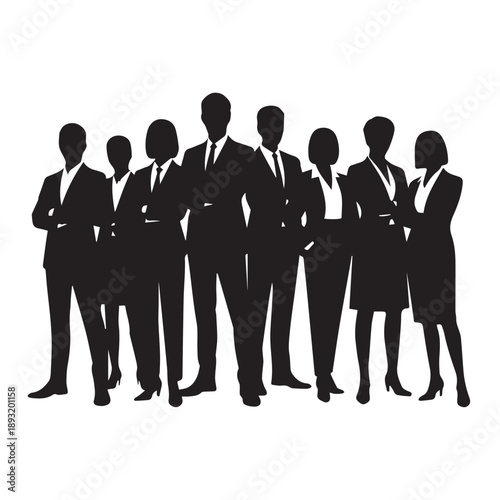 Business people , silhouettes, group of standing business men and businesswomen	
