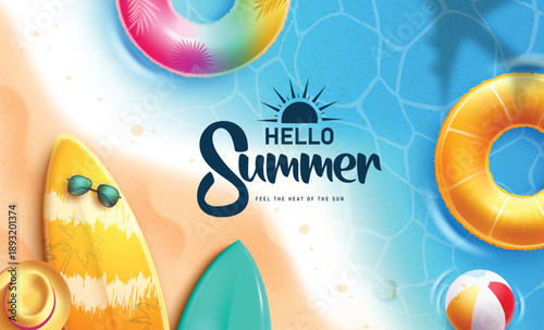 Hello Summer greeting clipart design. Hello Summer greeting text clip art with colorful floaters and surfboard Summer elements in sand and tropical beach background for vacation holiday vector 