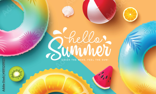 Hello Summer greeting clipart design. Hello Summer greeting text with colorful floaters, beach ball and fruit elements decoration clip art in blue and orange holiday season background vector 
