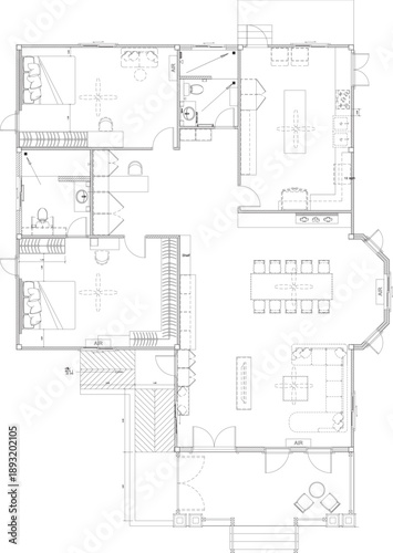 Furniture Layout Floor Plan of One-Story House with Two Bedrooms for 3–4 Residents