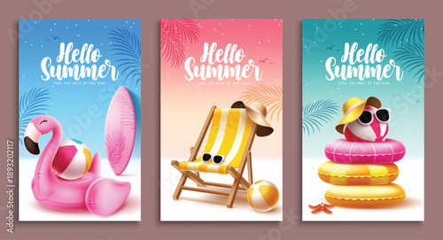Hello Summer greeting clipart poster set. Hello Summer greeting text clip art with inflatable flamingo, beach chair, ball and floaters summer elements collection banner design vector illustration.
