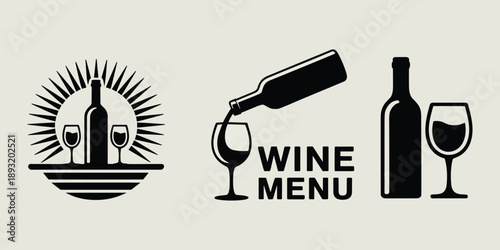 Black and white wine menu with bottle and glass wine glass wine vector illustration isolated on white background.