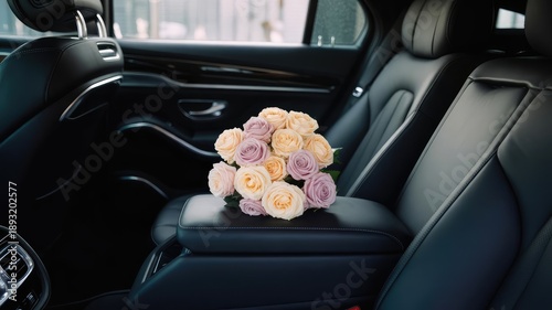 Bouquet of pale lavender and creamy yellow roses resting delicately upon the black leather central armrest inside a luxurious modern automobile cabin interior