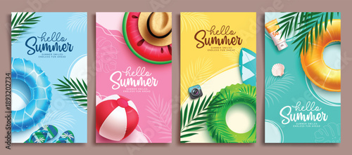 Hello Summer greeting clipart poster set. Hello Summer greeting text clip art with colorful floaters, beach ball and palm leaves summer elements for tropical season postcard collection vector 