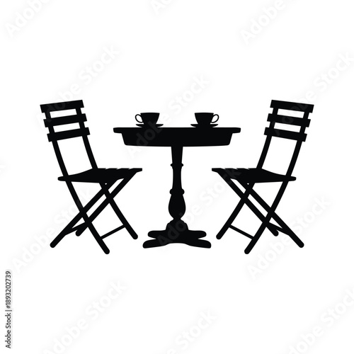 Black silhouette of small table with two chairs and tea cups vector illustration isolated on white background.