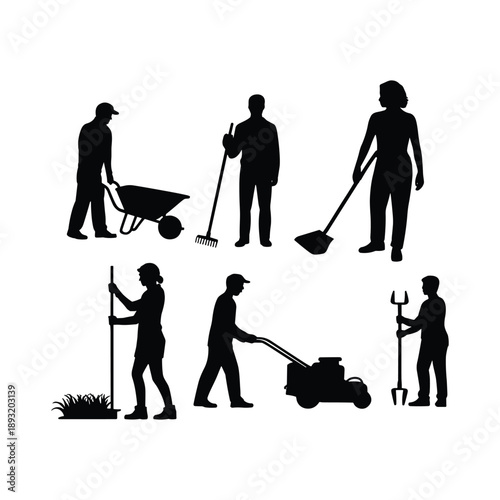 Black silhouettes of people gardening with tools gardeners vector illustration isolated on white background.