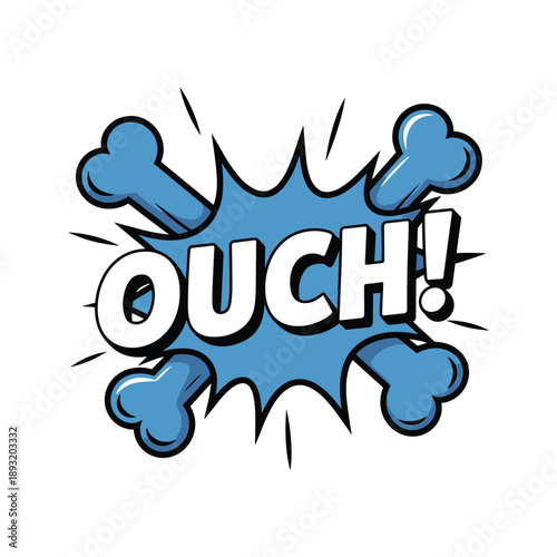 Blue comic book style speech bubble with ouch text and bones vector illustration isolated on white background.