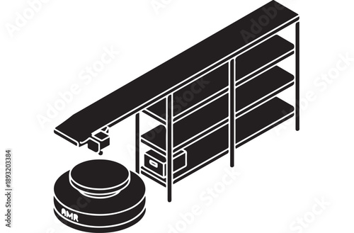 Isometric view of a robotic vacuum cleaner next to a shelving unit.