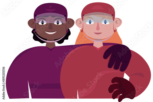 Female hockey players of different nationalities in helmets and game uniforms hug each other amicably. Support each other's women in sports. The sisterhood. Flat vector illustration in naive style